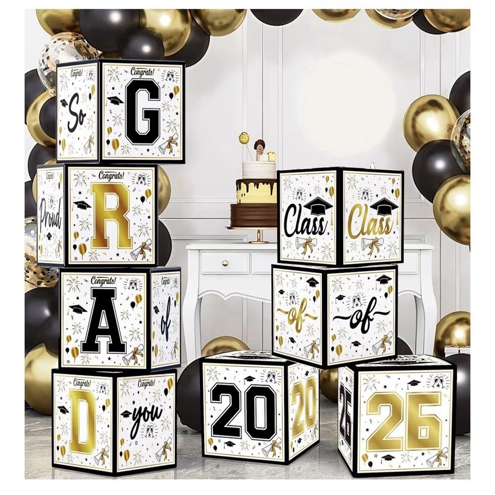 8 Pack Graduation Decorations 2026 - Black Gold Balloon Boxes for Class of 2026.